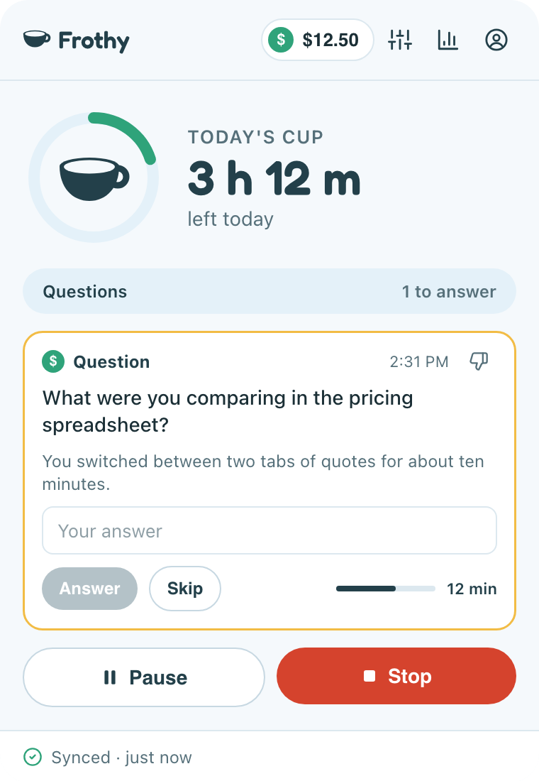 The Frothy app with a question to answer